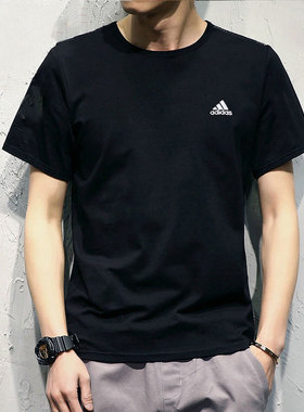 阿迪达斯短袖男装2025夏季新款运动服宽松圆领纯棉黑色T恤IC9793
