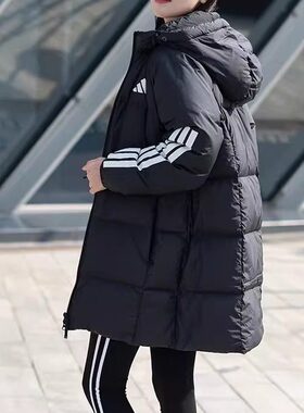 Adidas阿迪达斯羽绒服女款长款保暖防风黑色男冬季鸭绒连帽JG3855