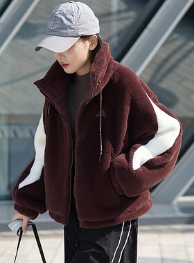 阿迪达斯加厚棒球服女外套冬季新款毛绒立领夹克保暖仿皮草KC0078