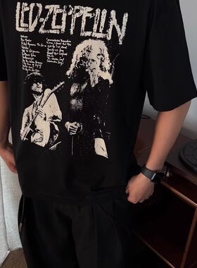 摇滚风Led Zeppelin印花短袖T恤男女宽松百搭黑色上衣