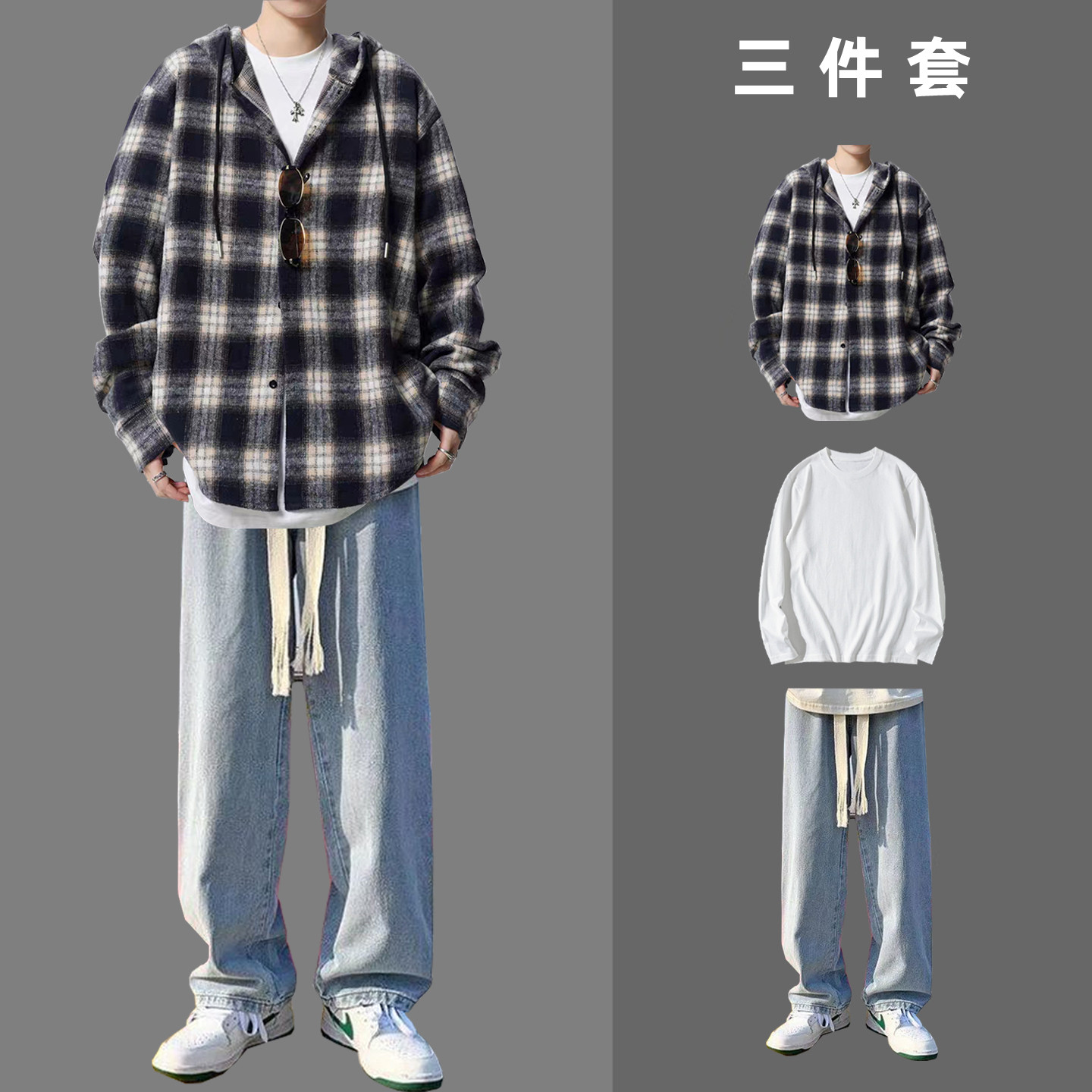 港味格子连帽衬衫外套男女春秋季2025宽松慵懒风中长款休闲上衣