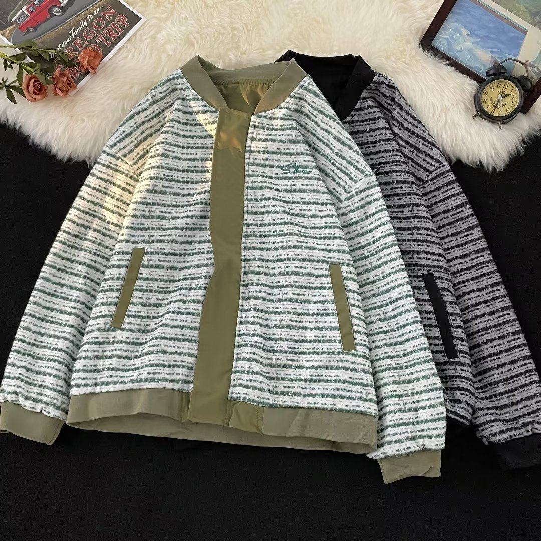 美式复古条纹夹克男女通用棒球领宽松两面穿外套潮牌高街,男装,夹克,淘宝优惠券,粉丝福利购,淘宝优惠卷