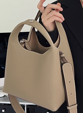 jpjclassic头层牛皮菜篮子包女单肩拼色水桶包百搭手提斜挎气质包