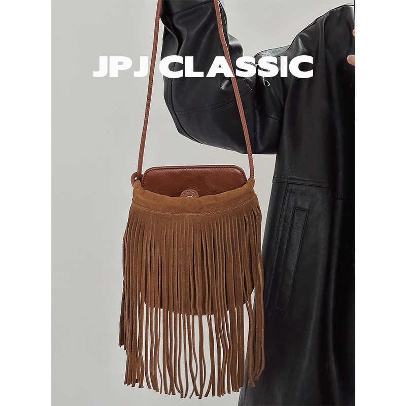 jpjclassic磨砂牛皮流苏包女单肩斜挎休闲ins风手机包百搭小包包