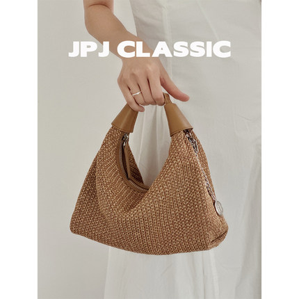 jpjclassic草编织包女单肩斜挎饺子包百搭可爱手腕包旅游小包度假