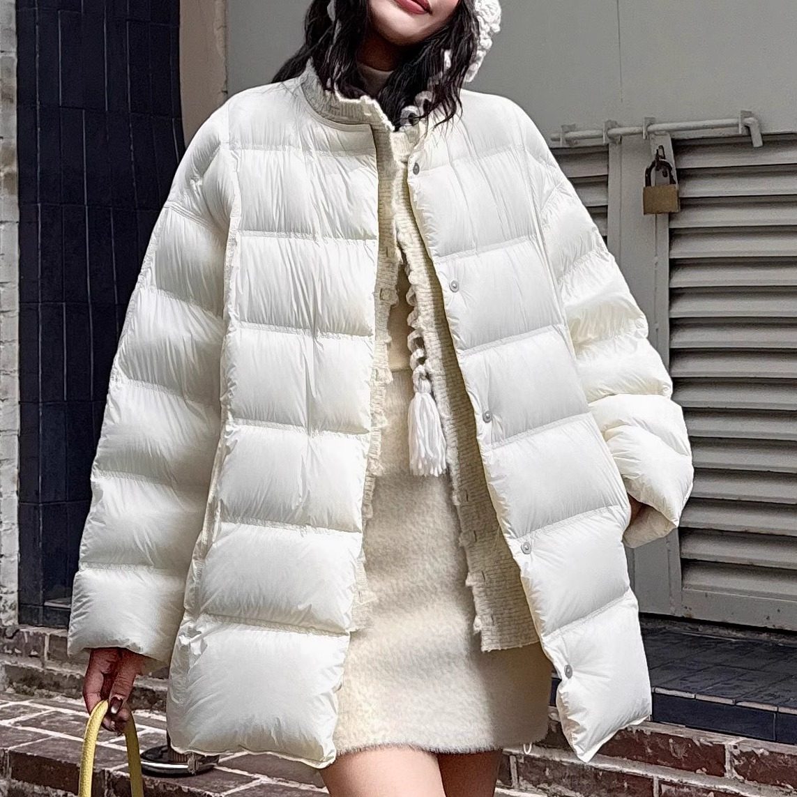 90白鸭绒羽绒服女2025冬季新款立领拼接宽松面包服外套中长款上衣