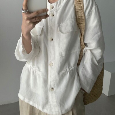 天丝亚麻老钱风收腰夹克女