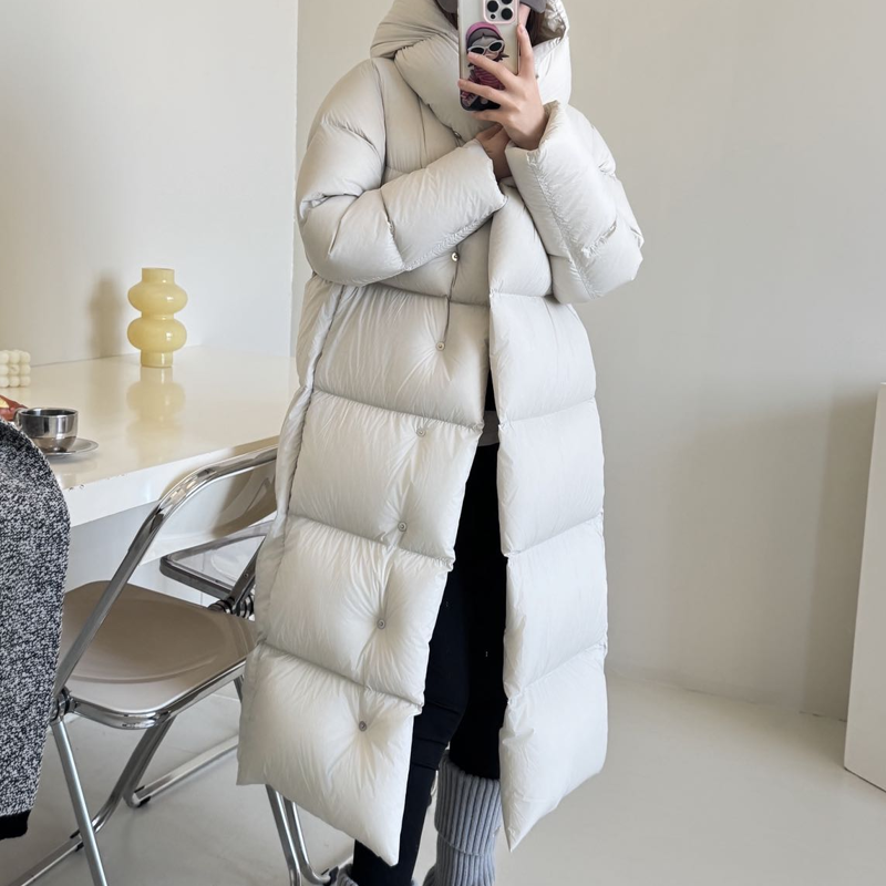 90白鹅绒羽绒服女极简风连帽脱卸过膝长款泡芙面包服纯色外套袄子