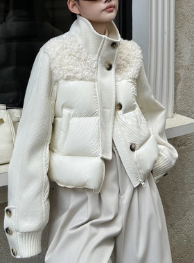 90白鸭绒羽绒服女冬季新款立领宽松拼接羊羔毛外套泡芙短款上衣