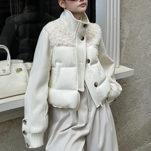 90白鸭绒羽绒服女冬季新款立领宽松拼接羊羔毛外套泡芙短款上衣