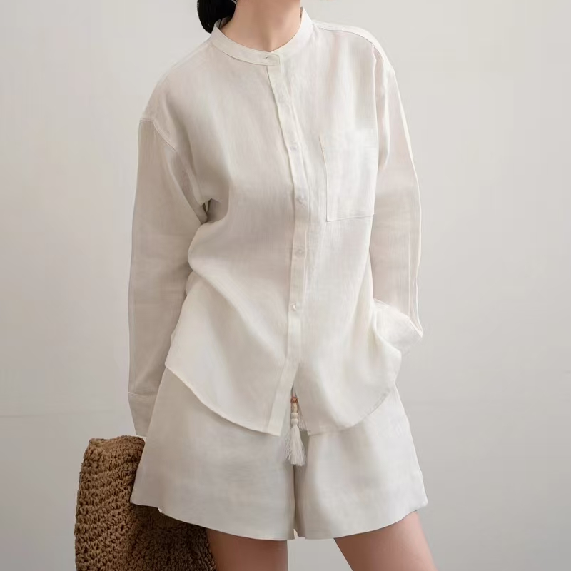 春夏新款套装女100%亚麻宽松大码短裤韩系文艺老钱风纯色衬衫上衣