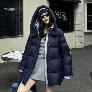90白鸭绒羽绒服女拼接新款连帽宽松女中长款云朵泡芙保暖连帽外套