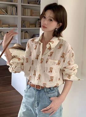 100%苎麻衬衫女春夏新款法式复古印花长袖翻领宽松文艺小衫防晒衣