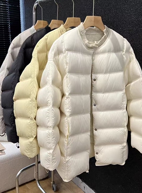 圆领羽绒服女中长款2025冬新款针织拼接泡芙韩版宽松黄色方块外套