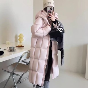 90白鹅绒女冬季长款连帽过膝大被子云朵泡芙羽绒服纯色外套袄子
