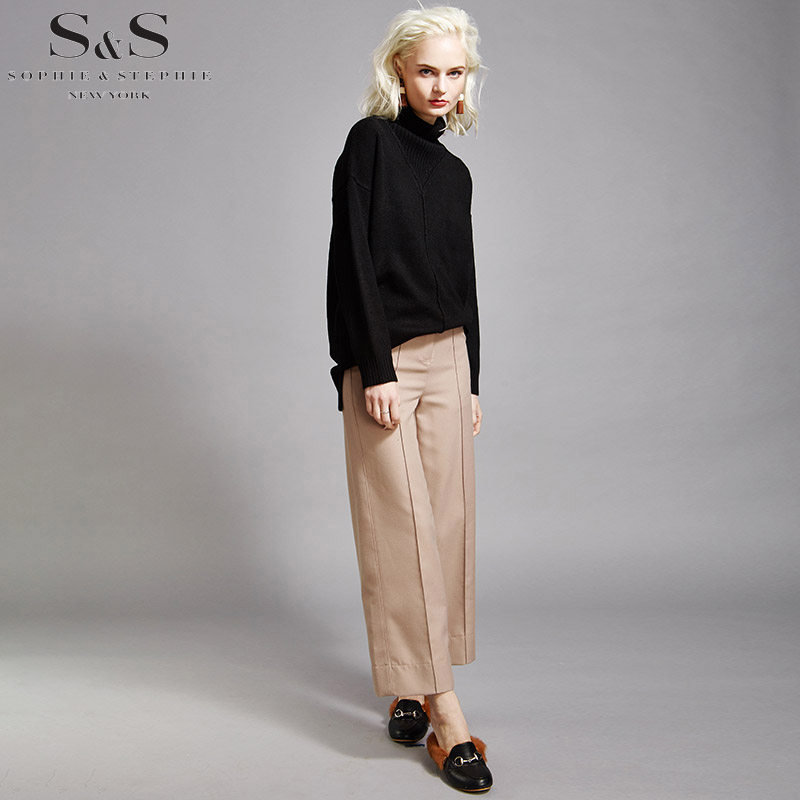 纽约故事春季新款高腰斜纹明线西装裤挂扣宽松阔腿裤女