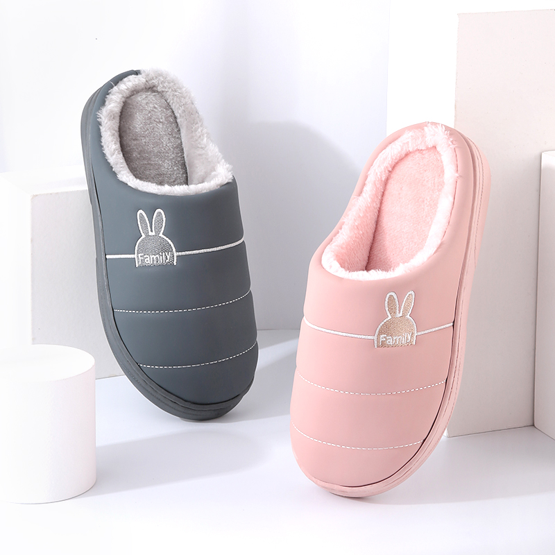 防水棉拖鞋女冬季PU皮保暖厚底室内情侣家居家用防滑毛毛绒拖鞋男