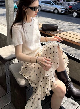 DS 韩系松弛波点不规则半身裙女2026春装新款荷叶边A字天丝半裙女