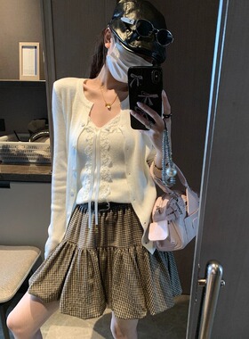 DS ins韩系温柔风花边系带吊带针织开衫两件套装女
