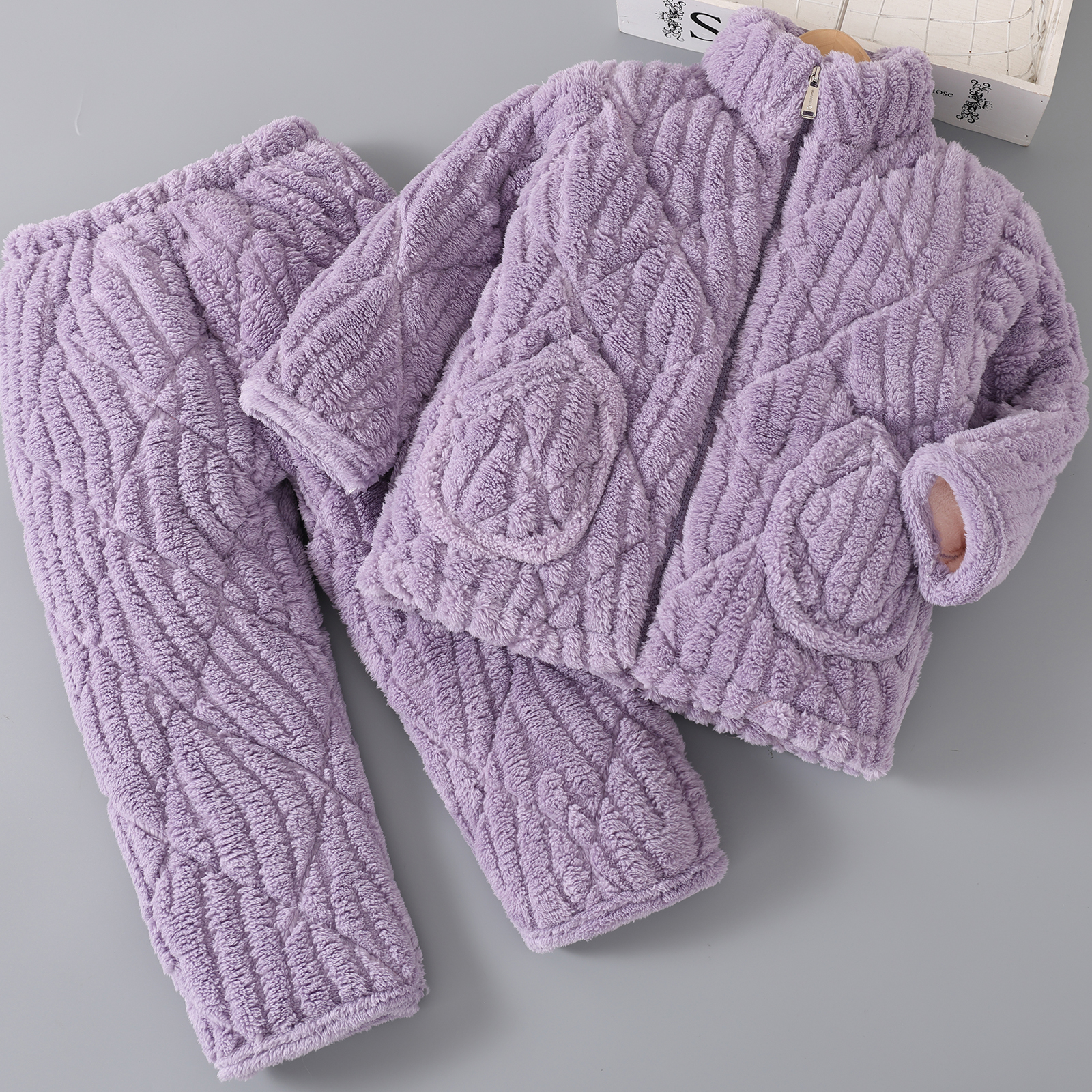 冬季棉袄儿童睡衣加绒超厚法兰绒小中大童男女宝宝家居服拉链套装