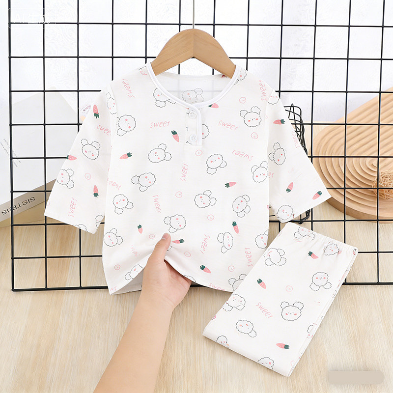 夏季儿童睡衣男童女孩长袖云朵棉薄女童中大童家居服套装宝宝长裤