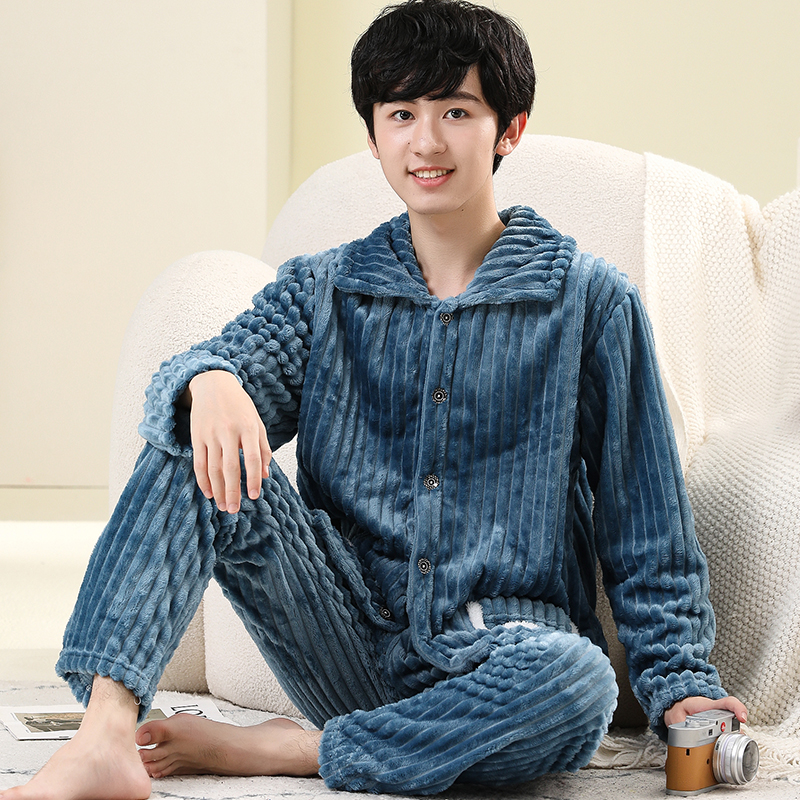 青少年男孩加厚家居服长袖睡衣