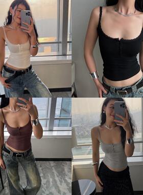 DQSTORE法式紧身蕾丝吊带背心纽扣上衣女外穿性感打底夏内搭纯欲