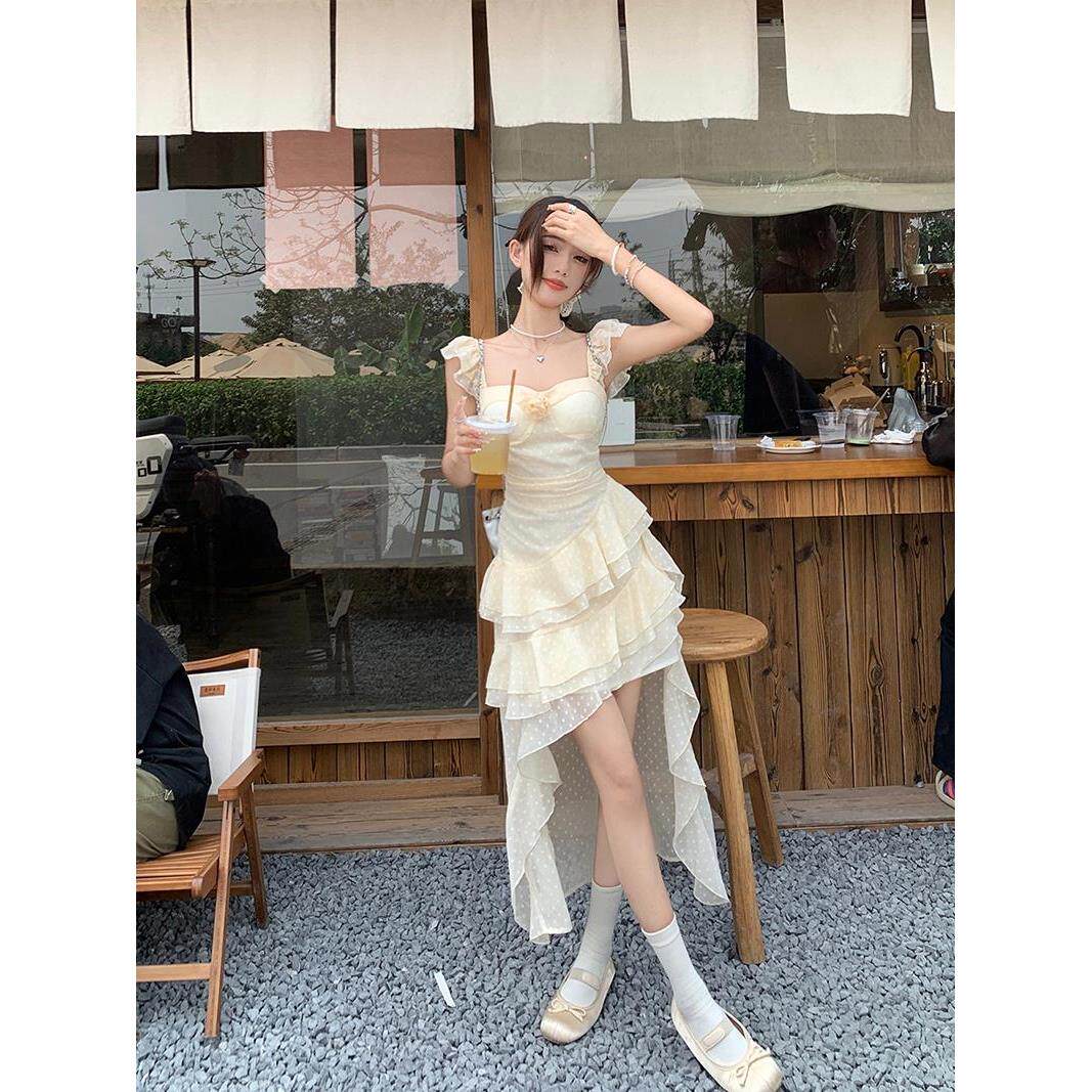 黑色不规则连衣裙女夏季新款度假风法式气质小众设计感拖尾长裙子