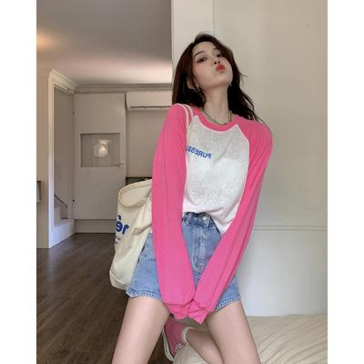 夏日标配撞色薄款长袖防晒t恤女小众宽松显瘦短款空调罩衫上衣ins
