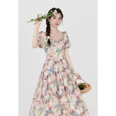 张汽水《蝶恋花》夏季新款女法式方领碎花朵收腰绝美气质连衣裙子