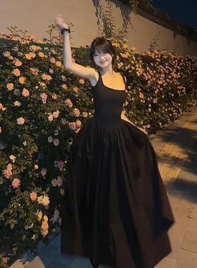 teptdc裙子法式掐腰露背长款黑色吊带连衣裙吊带裙2024新款女长裙