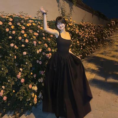 teptdc裙子法式掐腰露背长款黑色吊带连衣裙吊带裙2024新款女长裙