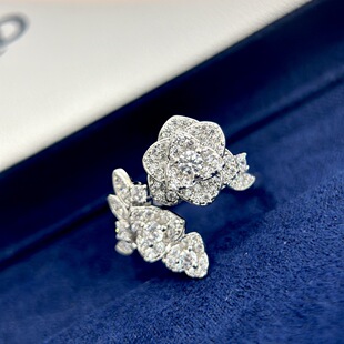 S925通体纯银精工高级感满钻山茶花玫瑰花开口戒指镀铑轻奢百搭指