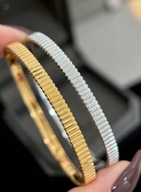 S925纯银条纹光面手镯复古百搭极简风欧美个性齿轮竖纹罗缎纹手环