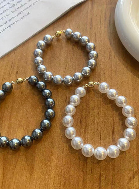 磁吸扣高亮正圆施家珍珠手链简约百搭女饰品澳白色铂金灰大溪地色
