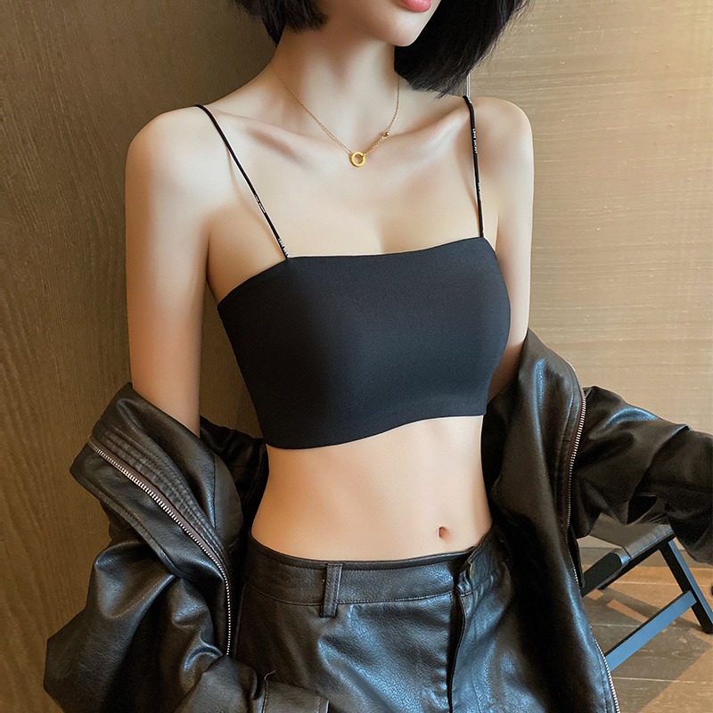 夏季薄款抹胸内衣女小胸聚拢防走光裹胸细肩带美背文胸一体背心式