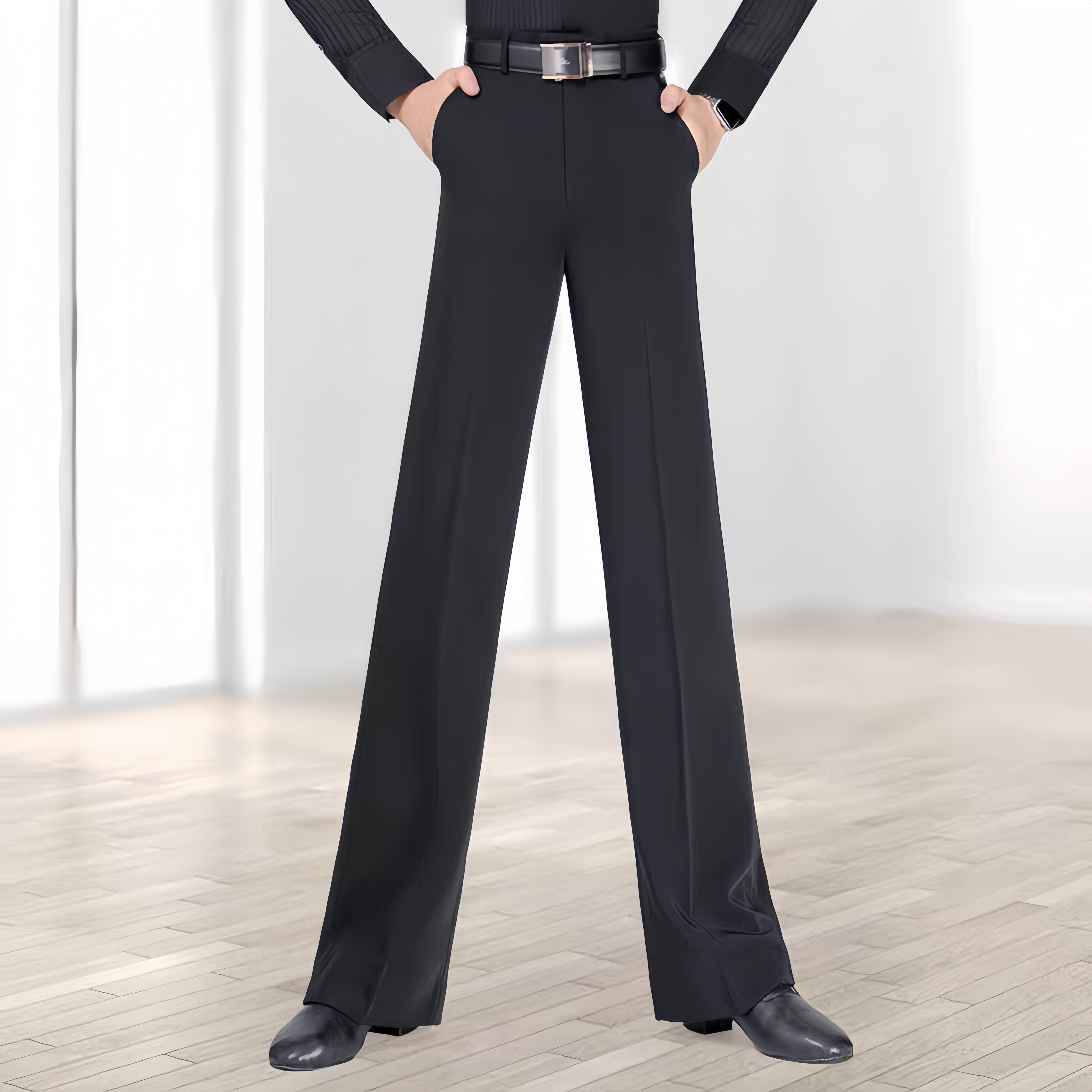 新款男士摩登舞裤现代舞裤黑色舞蹈裤高腰国标舞裤广场舞直筒裤子