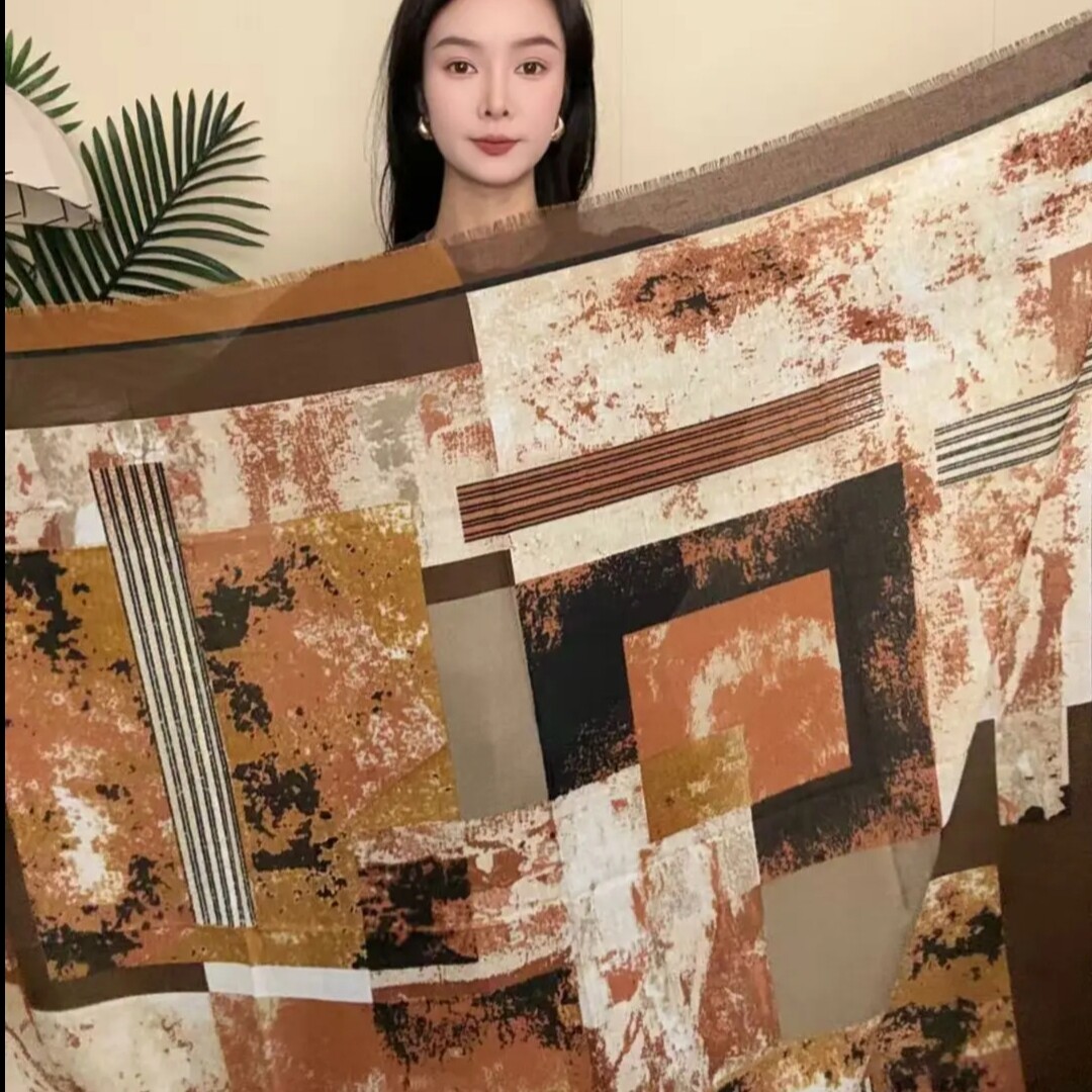 落日橘咖130*130四边流苏凌格复古氛围感时尚风气质风大方巾女