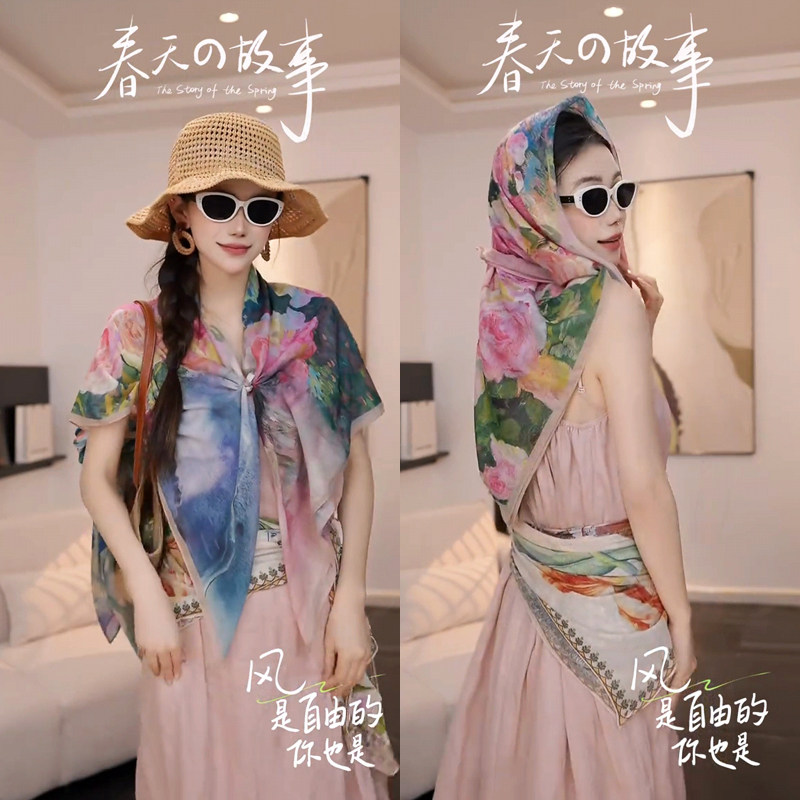 春夏薄款高级感丝巾女新疆云南旅游拍照大方巾包头巾休闲防晒披肩