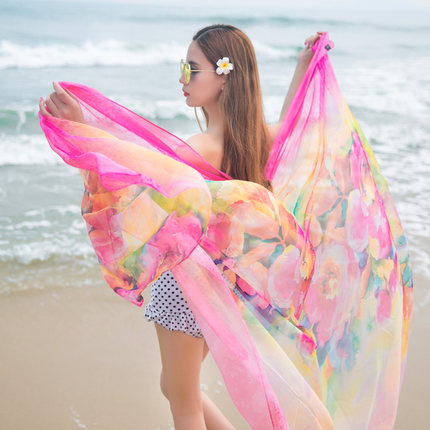 超大沙滩巾女士百变防晒披肩外搭时尚洋气广场舞纱巾薄妈妈款围巾