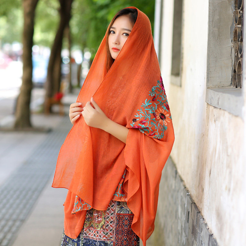 春夏丝巾女大围巾民族风刺绣披肩