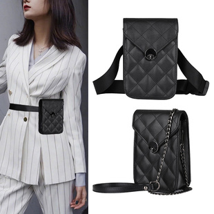 2025新款腰包女潮竖款菱格百搭销售工作单肩斜挎两用手机链条包包