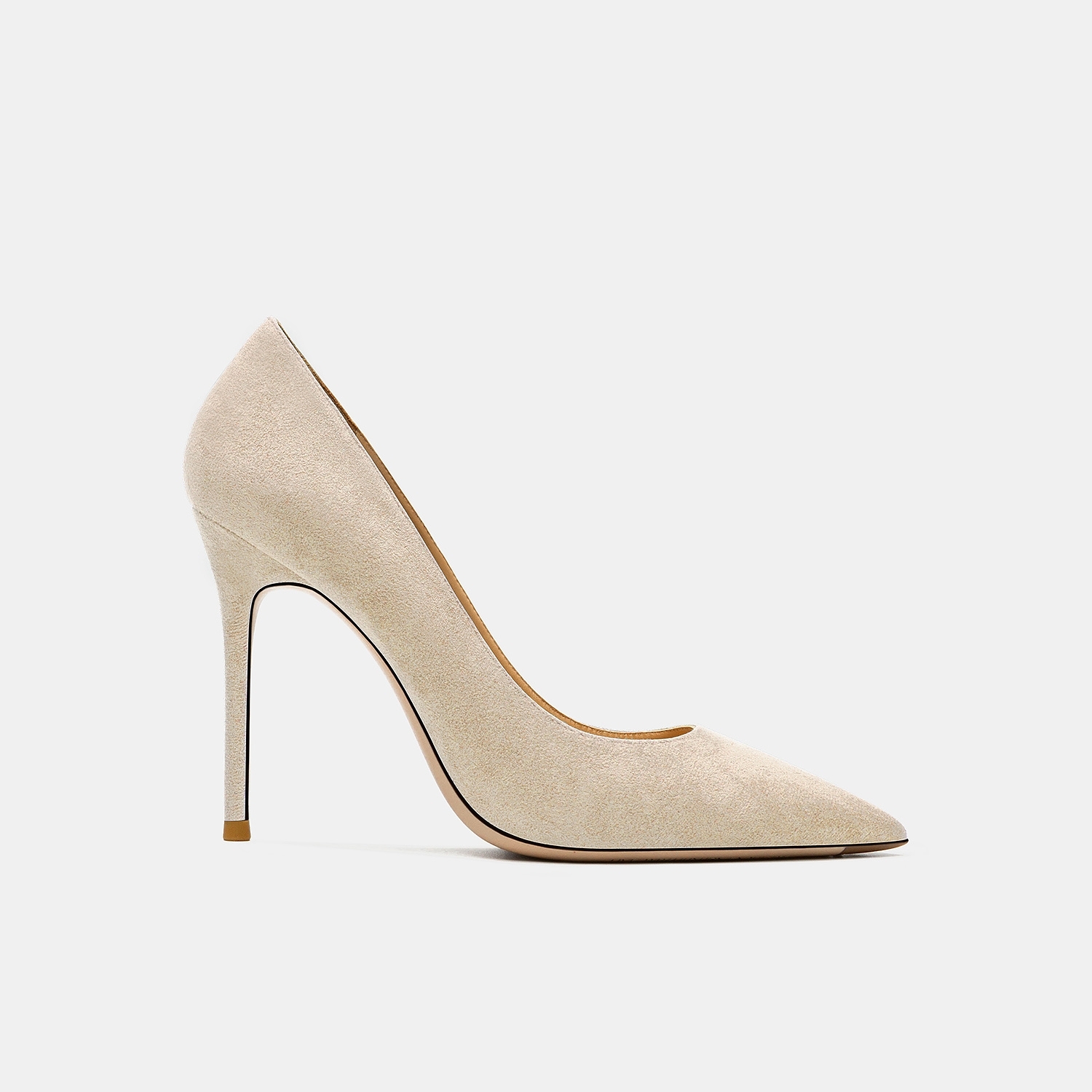 裸色浅口尖头法式绒面细跟高跟鞋