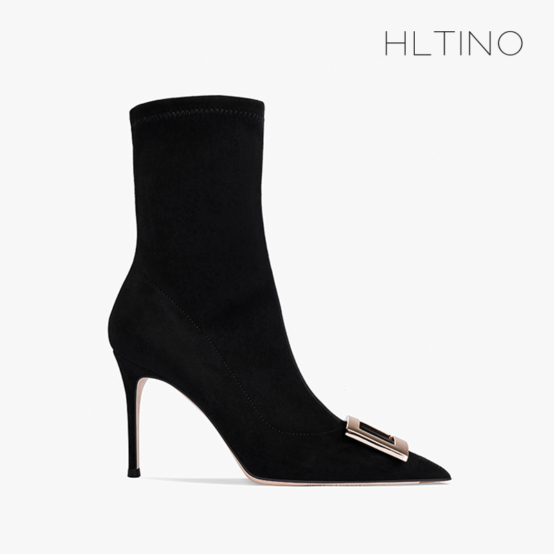hltino欧美短靴细跟金属方扣靴子