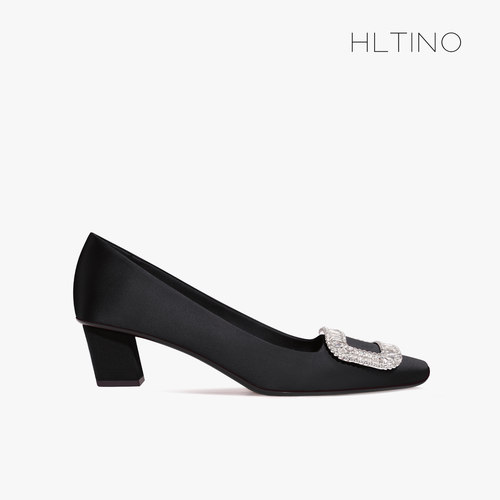 hltino欧美水钻方扣方头粗跟单鞋