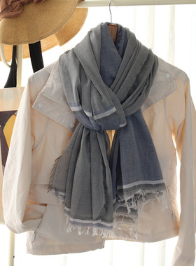 2025新款拼色棉麻围巾女休闲大披肩日系文艺保暖围脖男士长款灰色