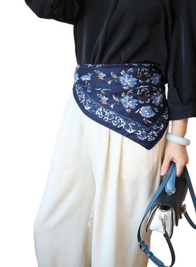 日系文艺棉麻围巾小方巾系腰丝巾领巾时髦配饰女复古藏蓝色花朵