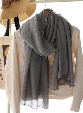 秋冬围巾女日系文艺细条纹长款丝巾披肩保暖围脖显白绿色高级灰色