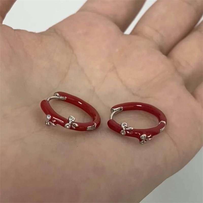 妻子的浪漫旅戚薇同款蝴蝶结法式红色耳圈小众设计感滴釉耳环耳饰