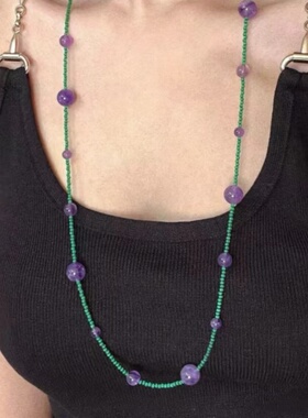 天然紫水晶项链女撞色长款多层2024新款女士轻奢高级感小众设计感